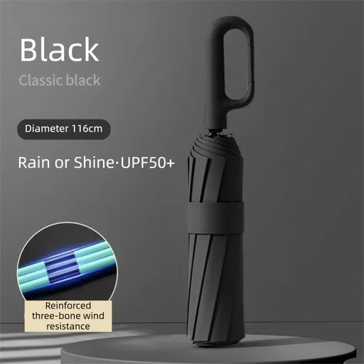 Black Heavy Duty Fully Automatic Carabiner Umbrella with Integrated Hook Handle (Diameter 116CM) - Ultra Windproof and UV Protective Sun & Rain Umbrella