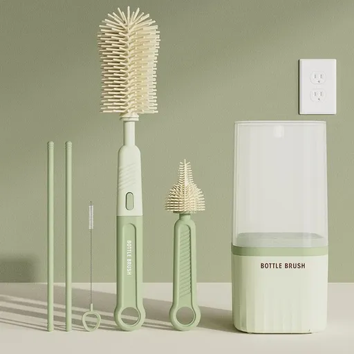 6-in-1 Portable Silicone Bottle Brush Set with Drying Storage Box, All-Purpose Cleaner for Baby Bottles, Nipples, and Straw Cups—Green