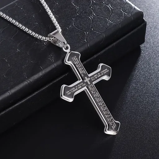 Puhai Stainless Steel Cross Necklace Silver Snake Bone Black