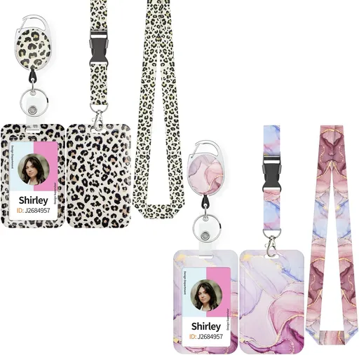 Fashionable Sliding Badge Holder Leopard Print & Pink Marble Plastic Case with Retractable Badge Reel Carabiner Clip & Detachable Lanyard Strap Vertical Card Protector for Worker Student