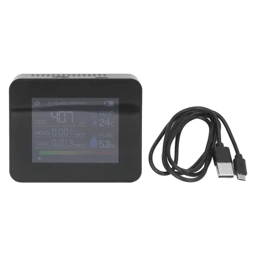 Portable Carbon Dioxide Detector USB Charging Temperature and Humidity Tester with Color Screen Display for Home Black