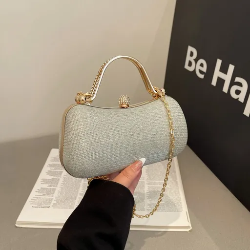 【PU Evening Bag】 Rhinestone-encrusted Gold Handle, Magnetic Snap Closure, Horizontal Oval Clutch, Lightweight & Portable – Top Choice for Weddings & Parties./silver