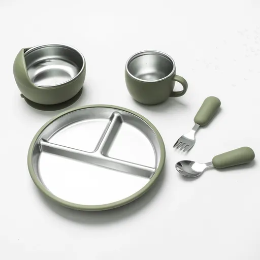 5-Piece Set - Children's Plate - Baby Plate in Stainless Steel - BPA-Free - Non-Slip - Unbreakable - Removable - Suitable for Children 1-3 Years Old - Includes Plate, Bowl, Cup, Fork, Spoon - Grass Green