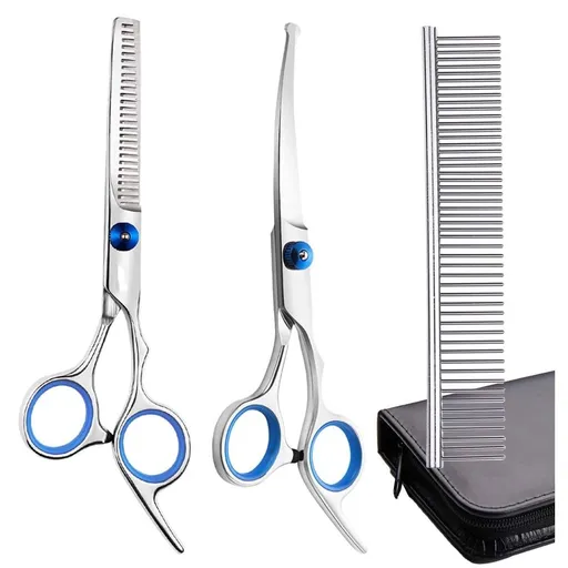 Dog Grooming Scissors Set with Safety Round Tip, 2 Pack Curved Scissors Thinning Shears for Pet Grooming for Dogs and Cats