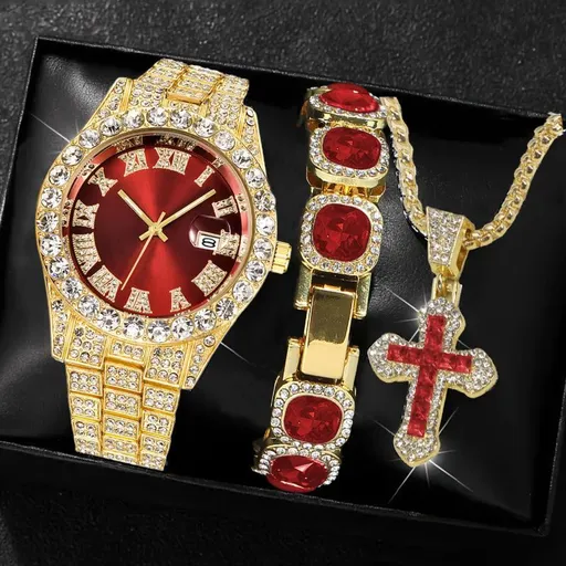 Men'S Watch Set Luxury Men'S Watch Artificial Gemstone Bracelet Cross Necklace - Red - Size 1