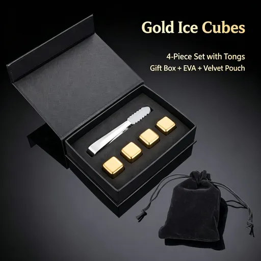 Stainless Steel Ice Cubes Whiskey Stone Gift Set | Christmas Bar Gift | Gold Square 4‑Pack With Silicone Tongs,EVA Tray,Gift Box & Velvet Pouch