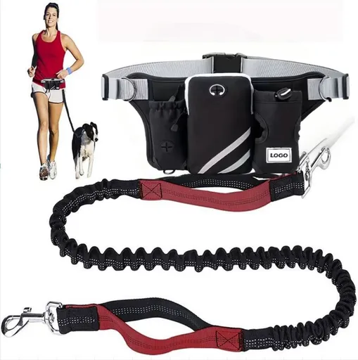 Hands-Free Dog Walking Waist Pack with Bungee Leash Set – Adjustable Running Belt with Reflective Strips, Phone Pocket, Poop Bag Dispenser, and Water Bottle Holder for Jogging, Hiking, and Everyday Walks (Red)