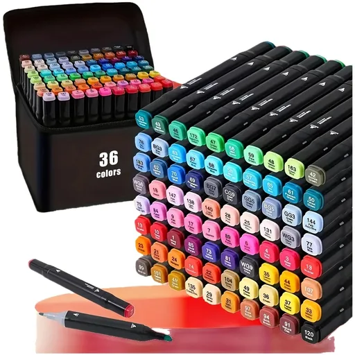 36-color dual-tip markers, featuring fine and broad tips, quick-drying, suitable for student drawing and hand sketching, offering smooth color application and no bleed-through on paper.
