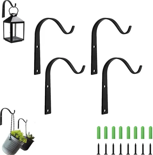 Metal Plant Hook - 4 Pieces - Flowerpot Hook - Wall Hook for Plants - Hanging Basket Wall Hook - Wall Decoration - Incl. Screws - Indoor or Outdoor - Hanger for Plants or Decoration - Lantern Hook - Garden Hook - for Plantpots - Black