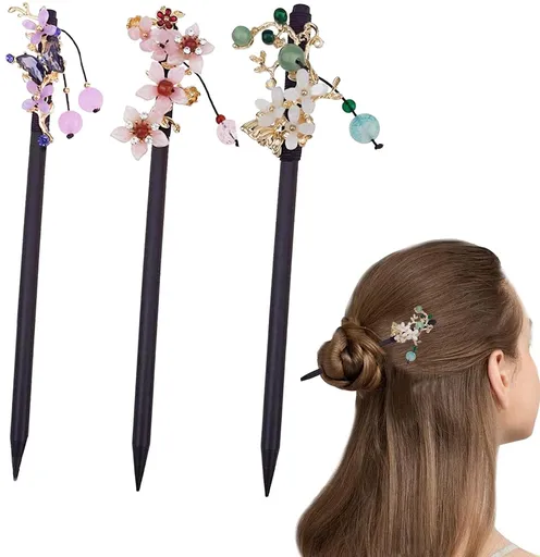 Hairpin - 3 Pieces - Chinese Traditional Flower Hair Sticks - Hair Accessories - Vintage Wooden Hair Pin - Chinese Hairpins - Hair Clip - Flower Hairpins - Stylish Handmade Power Coil - for Women Girls - For women with long hair