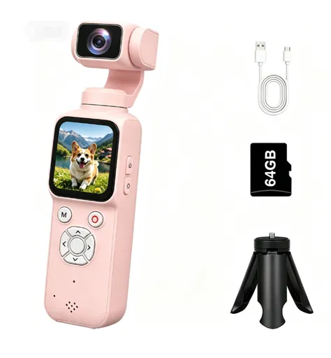AT-M105 Pocket Gimbal Vlog Camera, 4K HD Handheld Video Camera，pink，64GB