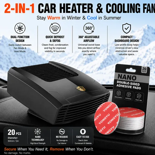 Black Compact 360° Adjustable Car Heater Fan with 20PCS Removable Nano Double Sided Adhesive Pads - Fast Defrost & Demister, Dual Mode Heat & Cooling Fan, Free No Trace Mounting Kit for Car Interior and Home Use