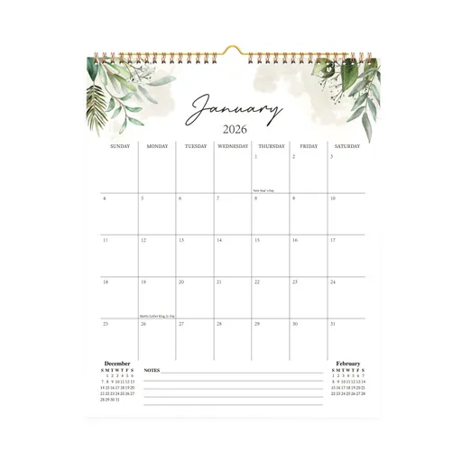 Calendar 2026 - Hangable 12 Months - Calendar - With wire-o-binding - Yearly calendar - Monthly planner - Wall calendar - 37 x 30cm - Green branches and leaves