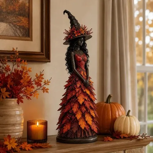 Magical Autumn Witch Resin Statue | Maple Leaf Skirt & Mysterious Pointed Hat, Exquisite Desktop Ornament, Perfect for Halloween & Thanksgiving Ambiance/orange