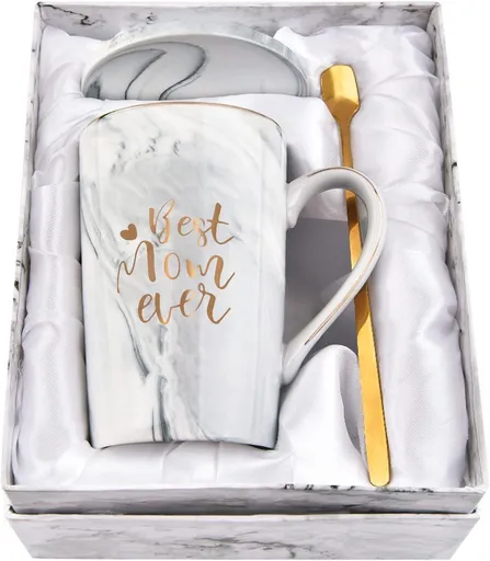 Best Mom Ever Coffee Mug Gift Set with Lid, Spoon & Coaster, 14oz Pink Marble Ceramic Cup for Mother's Day, Birthday, Christmas, Valentine's Day (White)