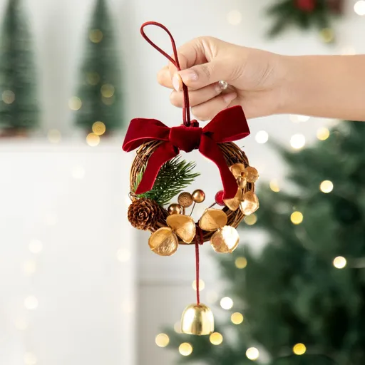 Christmas Wreath Classic Red Hanging Ornament Artificial PE Pine with Metal Bells 24 Inch