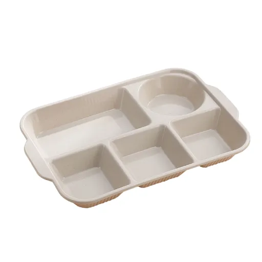 Unbreakable Divided Plates, 5-Compartment Wheat Straw Tray Divided Food Plates Lunch Trays Section Plates for Kids Adults, Microwave Dishwasher Safe, BPA Free Beige