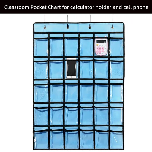 Classroom Pocket Chart for Cellphone Calculator Holder, 30 Pocket Charts for Classroom 33.5 x 24.5 inch Hanging Cell (Blue)
