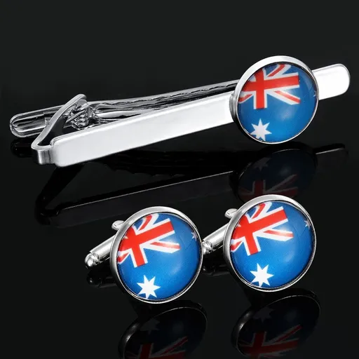 Elevate formal style with this sleek tie clip and cufflink set, showcasing vibrant flag-inspired circular enamel inlays on polished silver-toned metal, perfect for business meetings, celebratory events, and adding a distinguished touch to dress shirt