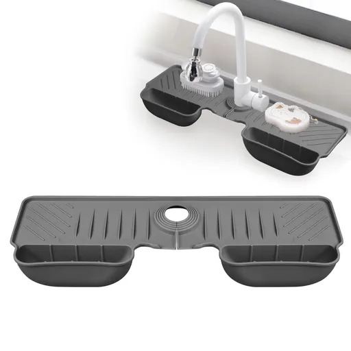 Silicone Kitchen Sink Splash Guard, Faucet Draining Holder for Bathroom Sink Protector Organizer (Grey, 17.6 Inch x 6 Inch)