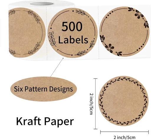 2" Brown Label Stickers for Jars and Lids, Kraft Sticker Labels for Pantry, Mason Jars, Canning, Bottles, 6 Different Drawn Wreath Designs, Kraft Paper/ 500pcs