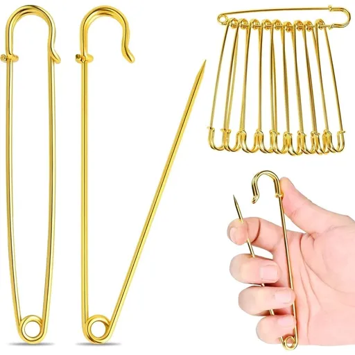 10Pcs Safety Pins (Upgraded), 4inch Large Safety Pin for Clothes Leather Canvas Blankets Crafts Skirts Kilts, Safety Pin Heavy Duty Safety Pins (Gold)