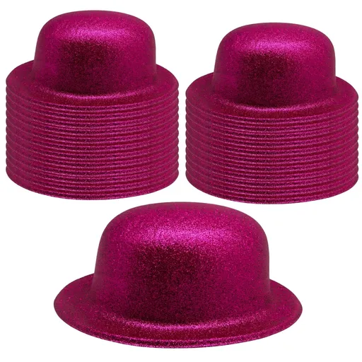 24x GLITTER BOWLER HAT Fancy Party Plastic Costume Cap Fun Dress Up Sparkle BULK - Hot Pink