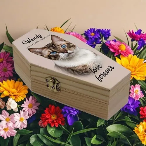 Personalized Pet Urn for Ashes - Small Wooden Pet Casket with Custom Photo & Name Engraving - Memorial Keepsake for Cats, Dogs, Rabbits - 6 Inch Handcrafted Pet Coffin - Wood - Size 6"L x 3.27"W x 1.5"H