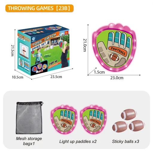 LED Light Up Toss and Catch Game Set - 2 Glowing Pink Paddles & 3 Sticky Rugby - Fun Outdoor Beach & Camping Toy for Kids & Adults - Includes Mesh Storage Bag