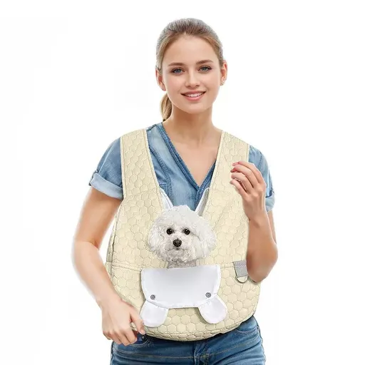 Snuggle Paws Front-Facing Pet Carrier Backpack – Hands-Free Cat & Dog Sling Bag for Travel, Hiking and Daily Outings, Breathable Quilted Cotton, Fluffy Cartoon Charm, Ideal for Small Pets (Khaki)