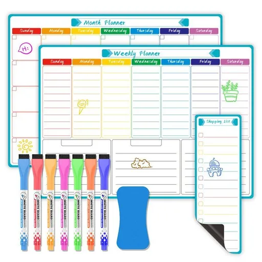 Magnetic Dry Erase Weekly & Monthly Planner Set, Fridge Whiteboard Calendar with 7 Markers & Eraser, Reusable Shopping List Board for Home, Office, Kitchen Organisation