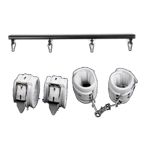 House Of Dasein White Wrist Ankle Cuffs Spreader Bar Bondage Kink Restraints - White - Silver Set (Cuffs+Spreader)