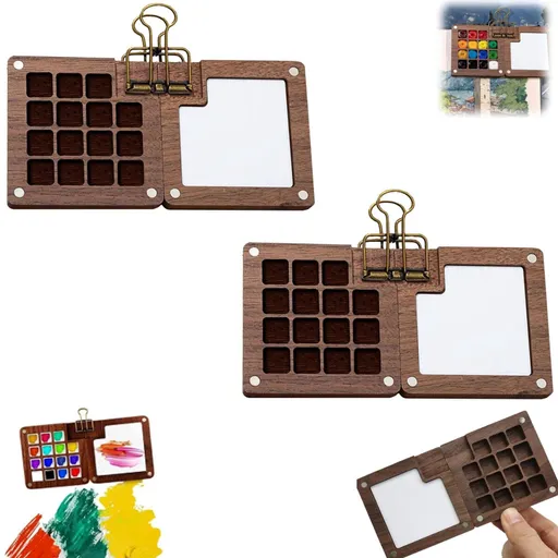 2 pieces - Portable watercolor palette - 15 grids - Sketchbook palette - travel paint palette - Paint box - walnut mini wooden paint palette - with clip - palette - painting tool - for schools, hobby painters - for watercolor, gouache and acrylic pai