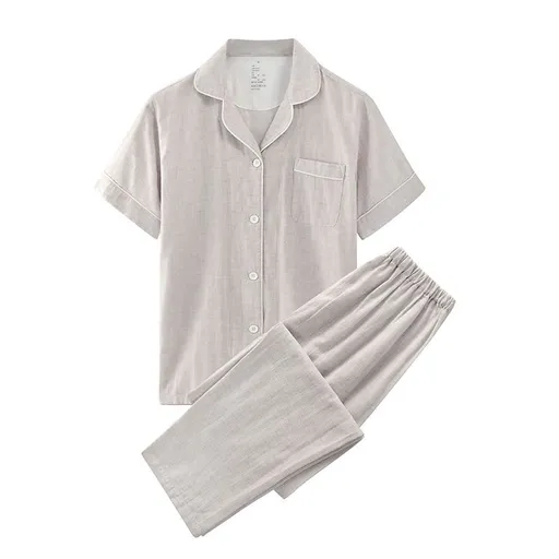 Japanese Cotton Pajama Suit Women Men Short Sleeve Women's milk tea solid color short sleeve-short sleeve trousers XL