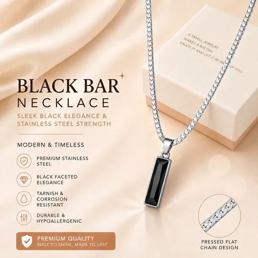 Black Zircon Bar Pendant Necklace 40cm+5cm for Men, Stainless Steel Cuban Chain Necklace, Minimalist Hip Hop Street Style Jewellery
