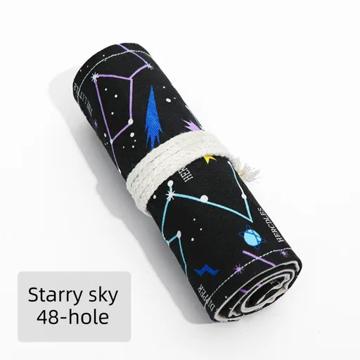 Starry Sky Roll-Up Pencil Case - 48-Slot Canvas Pencil Wrap, 58 x 20 cm Large Capacity Tie Closure Storage for Drawing, Sketching and Art Supplies