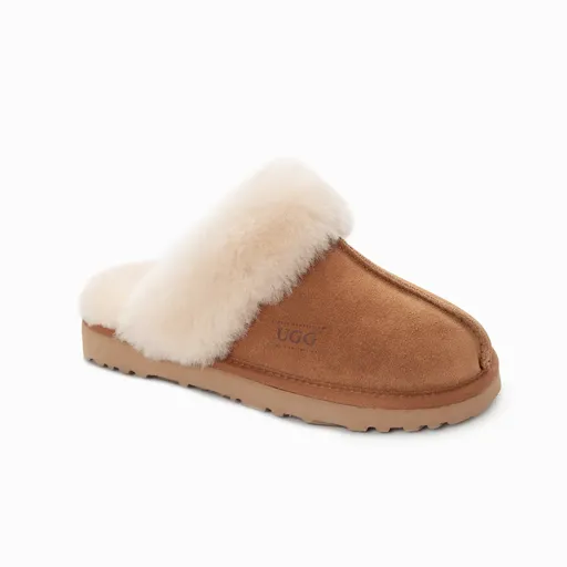 Ugg Slippers Premium Australia Sheepskin Unisex Scuffette Suede (Unisex Cow Suede) (CHESTNUT, EU40)