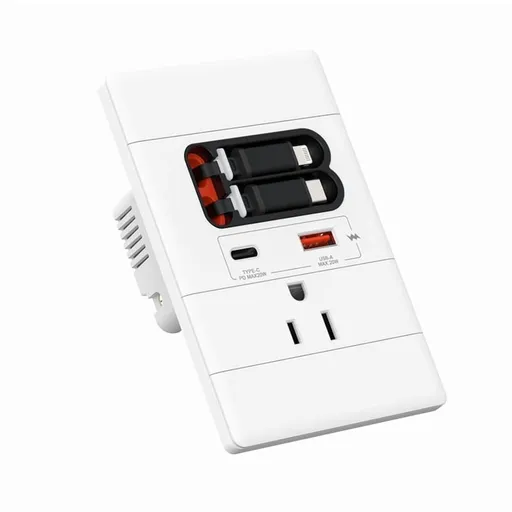 USB C wall socket with GaN PD20W USB-C and USB-A, and expandable USB C/cable, tamper proof, 15A 125V