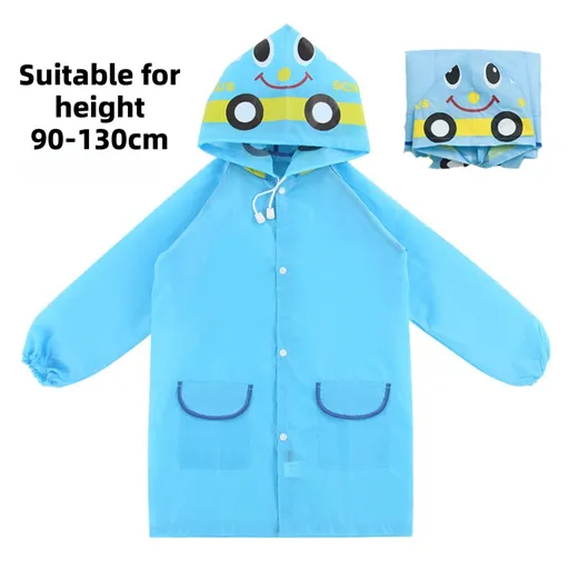 Blue Car Kids Cartoon Animal Raincoat - Waterproof Hooded Rain Poncho for Toddlers & Students (90-130CM Height)