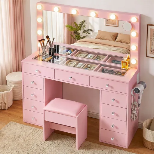 Artiss Dressing Table Charging Station LED Vanity Desk Set Stool Glass Top Make up Mirror Storage Drawer Pink