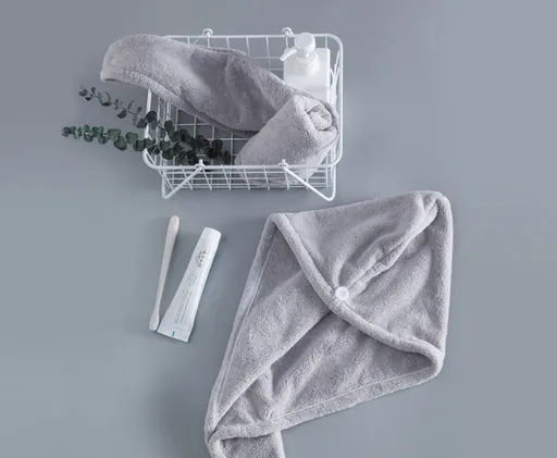 Soft Microfibre Hair Drying Towel Wrap - Super Absorbent Coral Fleece Turban with Secure Button - Quick Dry Bath Head Cap for Wet Hair & Spa - Light gray