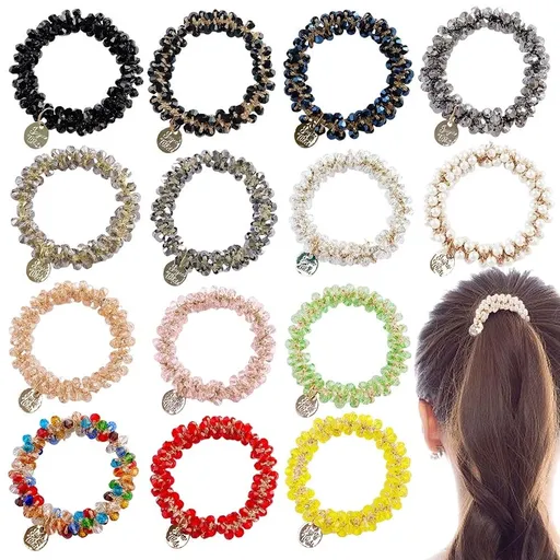 Crystal Hair Ties, Elastic Crystal Pearls Hair Rope Ponytail Hair Holders Head Bands Ropes Hair Accessories