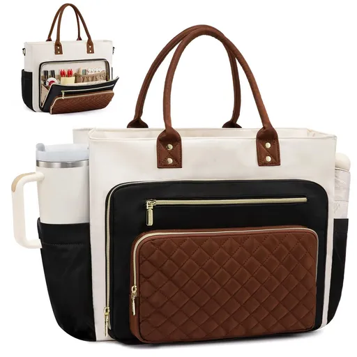 Large Capacity Tote Bag for Work, Travel & Daily Commute, Fits Laptop & 40oz Tumbler, Versatile Nurse, Teacher & Mom Bag with Detachable Strap (Black-Brown)