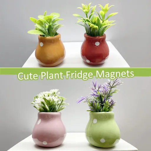 Cute Plant Fridge Magnets Funny Mini Plant Magnets for Fridge, Simulation Ceramic Flower Vase 3D Refrigerator Magnet Set 4 Pack