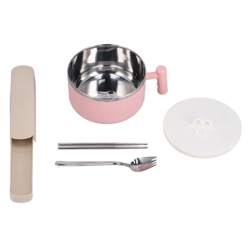 Stainless Steel Noodle Bowl Set Food Storage Container Portable Soup Snack Bowl with Lid(Pink Tableware )