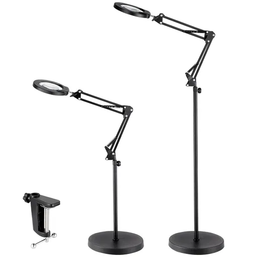 Magnifying Floor Lamp, 5X Standing Magnifying Glass with Light, Height Adjustable Floor Magnifier with Light, Flexible Arm, 3-in-1 LED 5 Color Modes Stepless Dimmable, for Reading Craft
