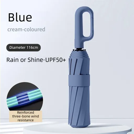Blue Heavy Duty Fully Automatic Carabiner Umbrella with Integrated Hook Handle (Diameter 116CM) - Ultra Windproof and UV Protective Sun & Rain Umbrella