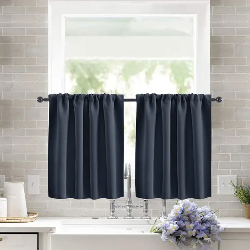 2 Pack Blackout Kitchen Curtains Navy Blue, 106 x 91 cm