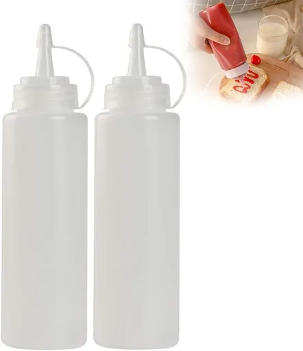 Dispensing bottle - 2 pieces - Squeeze bottle - 300 ml - sauce bottle - Squeeze Squirt Seasoning Bottles with Cap - sauce bottles - Transparent Plastic - for Ketchup Salad dressing Mustard Olive oil - Squeeze seasoning bottles - Garnish bottle - Tran