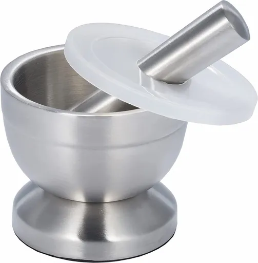 Mortar and Pestle - Stainless Steel Mortar and Pestle, Food Safe Pestle and Mortar Stainless Steel, Diameter 8.5 cm - Herb Grinder - Spice Grinder - With Lid